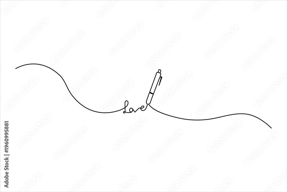Obraz premium Minimalist one-line art of a pen writing the word love. Elegant vector illustration for romantic letters, wedding invitations, and creative writing.