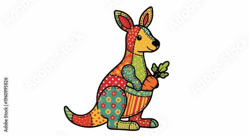 Colorful patchwork kangaroo holding a carrot with green leaves