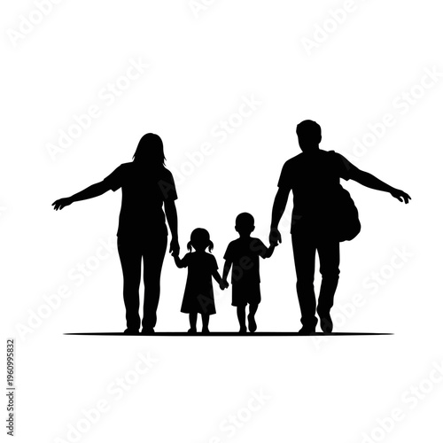 Silhouette of family walking together.