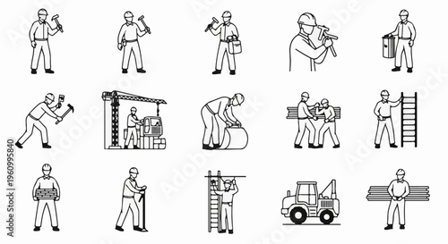 Construction workers performing various tasks, including hammering, lifting, and operating machinery