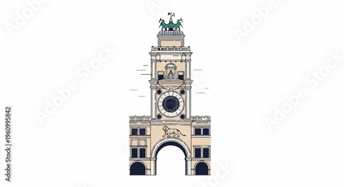 Detailed illustration of a clock tower with an arch and a lion