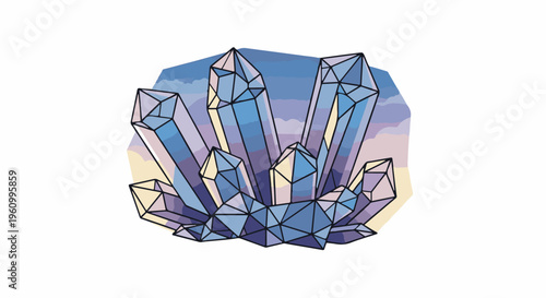 Cluster of faceted geometric crystals in shades of blue and purple, abstract