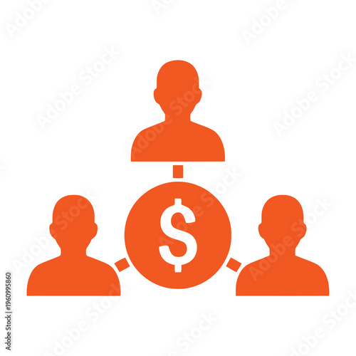 Three people icon connected to dollar sign symbolizing financial transaction and investment concept in orange on white background