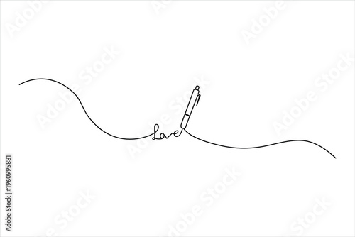 Minimalist one-line art of a pen writing the word love. Elegant vector illustration for romantic letters, wedding invitations, and creative writing.