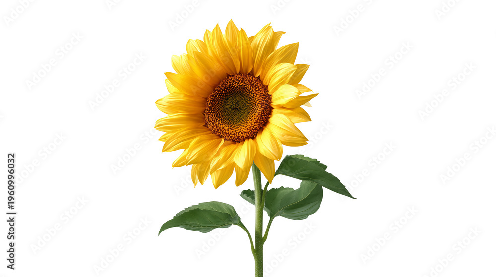 Obraz premium Vibrant yellow sunflower with green leaves isolated on transparent background standing tall and proud