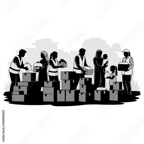 Volunteers working with stacked boxes.