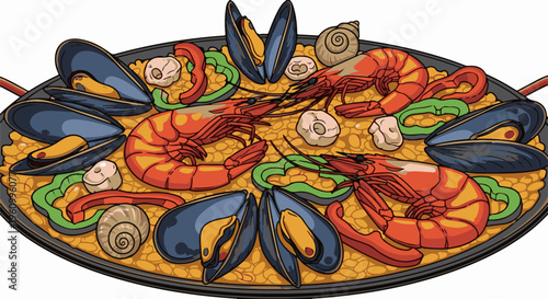Colorful seafood paella with shrimp, mussels, snails, and peppers