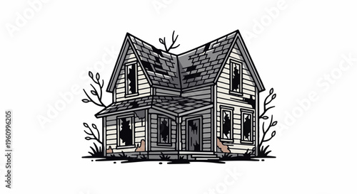 Dilapidated old house with broken windows and damaged roof