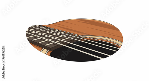 Close-up view of an acoustic guitar's neck and soundhole with strings