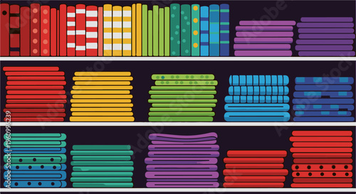 Colorfully stacked books and folded linens on shelves, creating a vibrant display