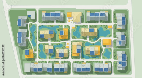 Top Down Architectural Site Plan of a Sustainable Eco-Friendly Neighborhood with Solar Panels and Green Spaces