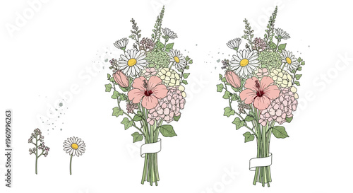 Elegant floral arrangement illustration featuring diverse blooming flowers for design