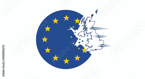 Conceptual image shows the map of Great Britain breaking away from the European Union flag