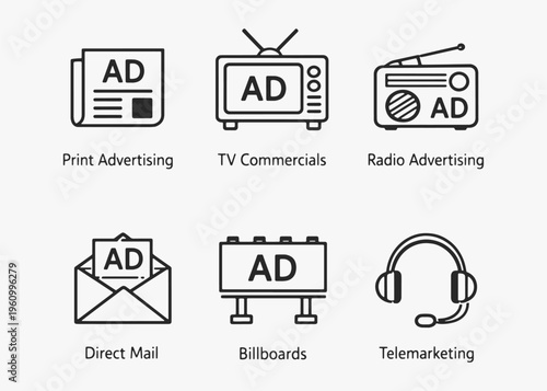 A set of Traditional Marketing icons focuses on simplicity, elegance, and ease of recognition. Vector Sign for Logos, Labels, and Icons.