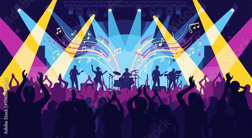 Concert with silhouettes of band and cheering crowd under colorful spotlights