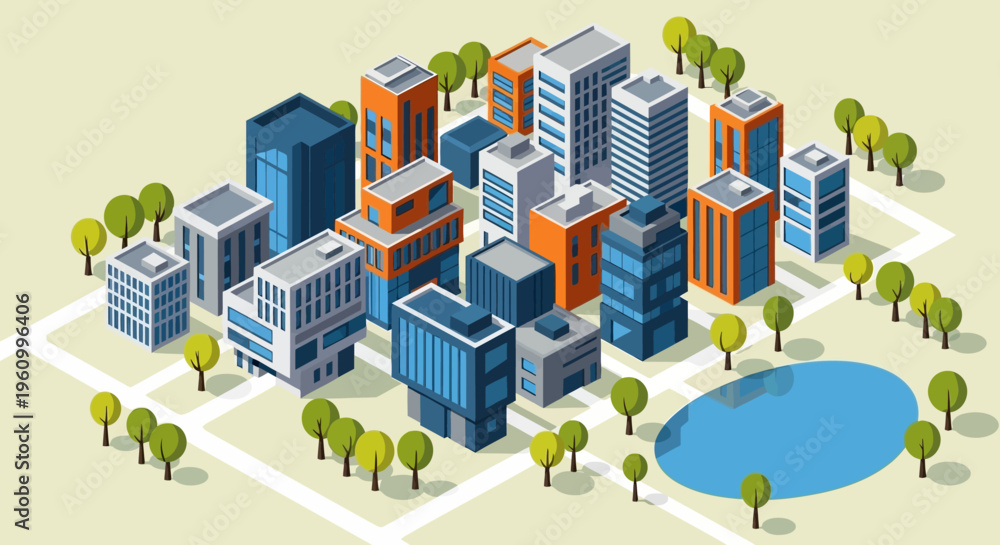 Obraz premium Isometric Modern City Vector Illustration with Skyscrapers, Green Parks, and Lake for Urban Planning and Real Estate Concepts