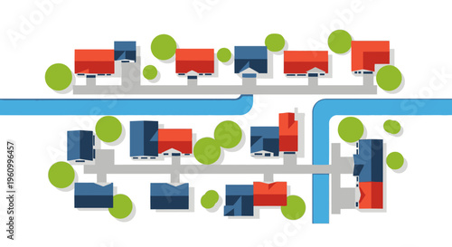 Flat Design Aerial View of Suburban Neighborhood with Houses, Streets, and Green Spaces for Urban Planning and Real Estate Concepts