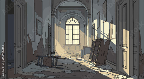 Dilapidated hallway with light streaming through arched window