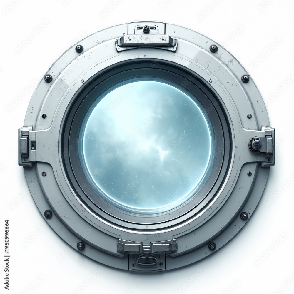 Fototapeta premium Round futuristic metal porthole window on white background shows view of stars and clouds in outer space. Spacecraft portal for deep cosmic exploration journey.