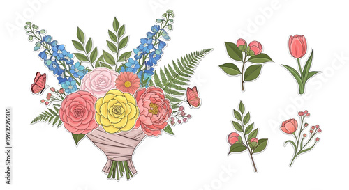 Elegant floral arrangement illustration with detailed flowers and butterflies on white