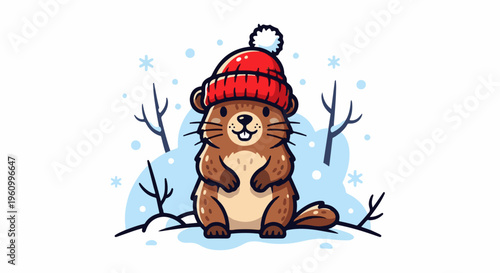 Cute cartoon groundhog wearing a red knit hat in a snowy landscape