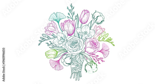 Elegant floral arrangement illustration with detailed line art and watercolor effect