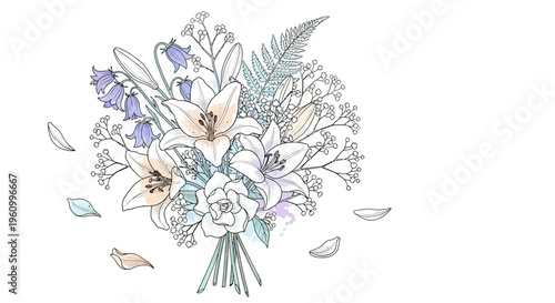 Elegant floral arrangement illustration with lilies and delicate details on white background