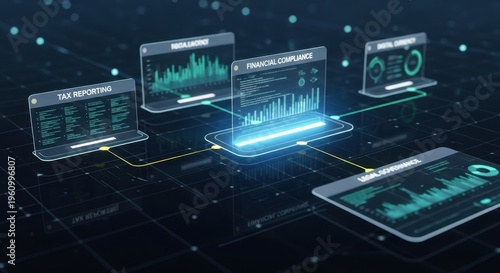 Abstract digital interface analyzing financial data representing financial compliance tax reporting digital currency and legal governance