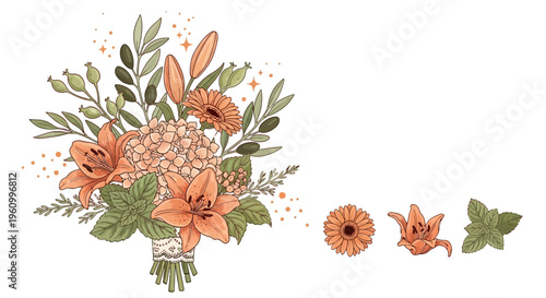 Elegant floral arrangement illustration with orange lilies and various blossoms