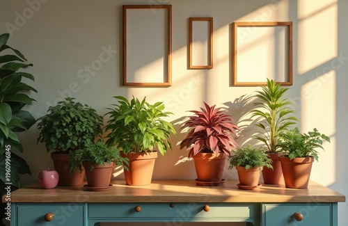 Several potted green plants sit on a wooden table. Sunlight streams in casting shadows. Blank frames hang on the wall above. A pink apple is placed on the table.
