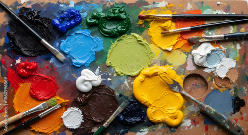 Colors of Creativity: An artist's palette brimming with vibrant paints and brushes, symbolizing inspiration and the genesis of artistry.