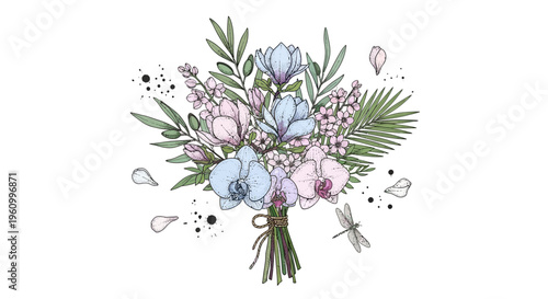 Elegant floral arrangement illustration with pastel colors and botanical details
