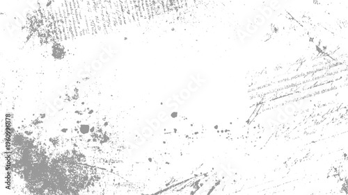 Faded grey ink splatters and handwritten text on a white background stain