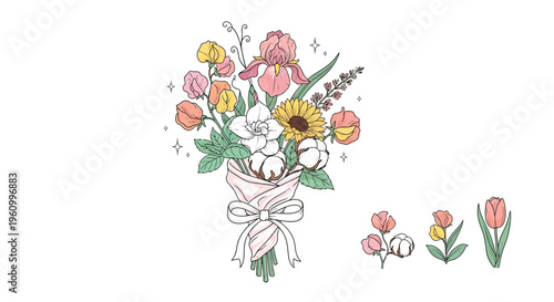 Elegant floral arrangement illustration with pastel colors and botanical elements