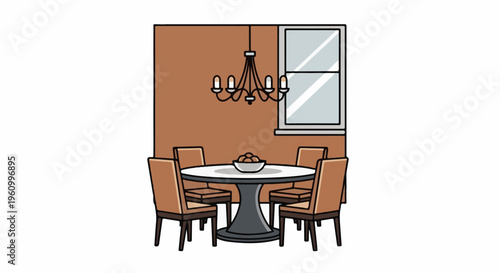 Dining room with table, chairs, chandelier, and window