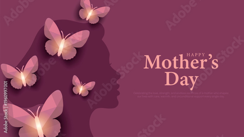 Mothers day greeting card with woman silhouette and butterflies illustration, creative vector background design for banners, poster, social media.
