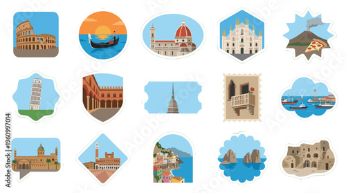 A vibrant collection of illustrated Italian landmarks and scenic views, perfect for travel-themed designs.