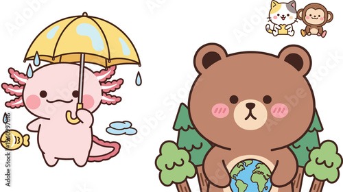 Cute cartoon animal collection with axolotl under umbrella, bear holding earth and small pets, colorful vector illustration for kids, nature and playful designs
