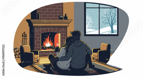 Couple cuddles by fire, watching snow fall outside a window
