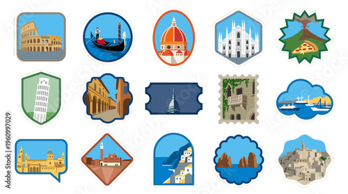 Collection of stylized icons representing famous Italian landmarks and cultural symbols, perfect for travel-themed designs.