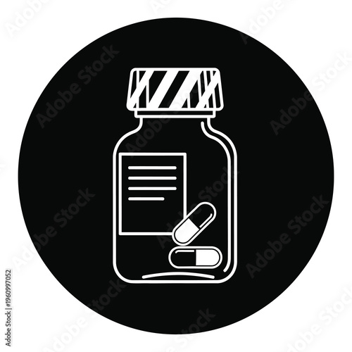 Medicine bottle with pills on white background icon