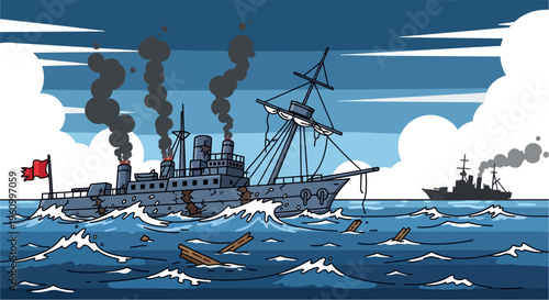 A damaged warship sinking in rough seas with another ship in the distance, cartoon style.