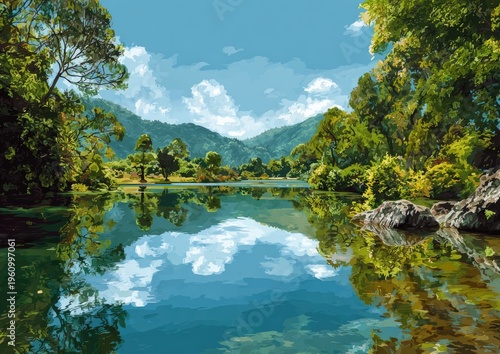 Tranquil lake reflects sky, lush trees, distant mountains