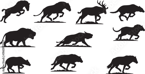 Silhouettes of various wild animals in dynamic poses