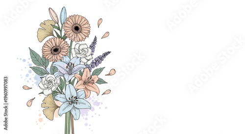 Elegant floral arrangement illustration with various blooms and foliage