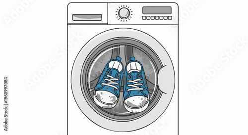 Dirty blue sneakers tumbling inside a washing machine