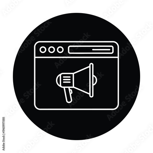 Megaphone in browser window icon for announcement or advertising concept icon