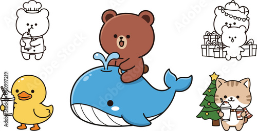 Cute cartoon animal collection with bear riding whale, duck drink, cat with Christmas tree and festive characters, colorful vector illustration for kids and playful designs