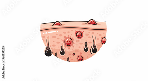 Close-up of cartoon skin with red bumps and black oil droplets