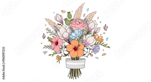 Elegant floral arrangement illustration with various colorful flowers and leaves